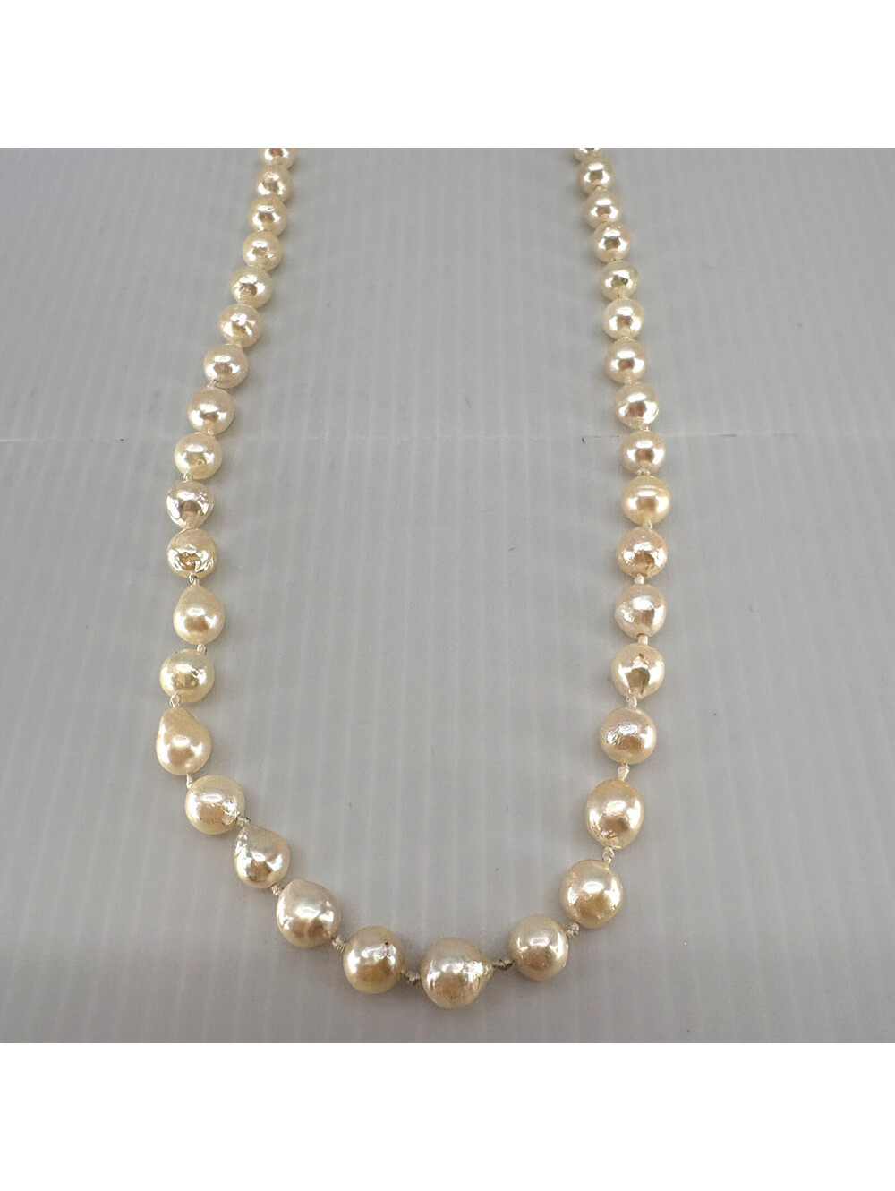 Faux Baroque Pearl Necklace Long Hand Knotted Cream Filigree Box Clasp 30 In